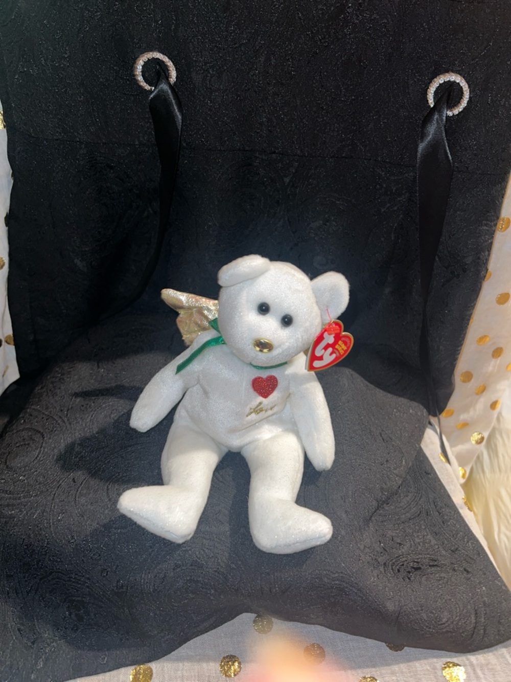 Ty White Plush Bear with Gold Wings and Red Heart
